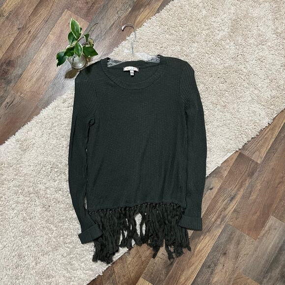 Anthropologie Eri + Ali Size Small Green Ribbed Fringe Crossover Malla Sweater - Picture 3 of 7